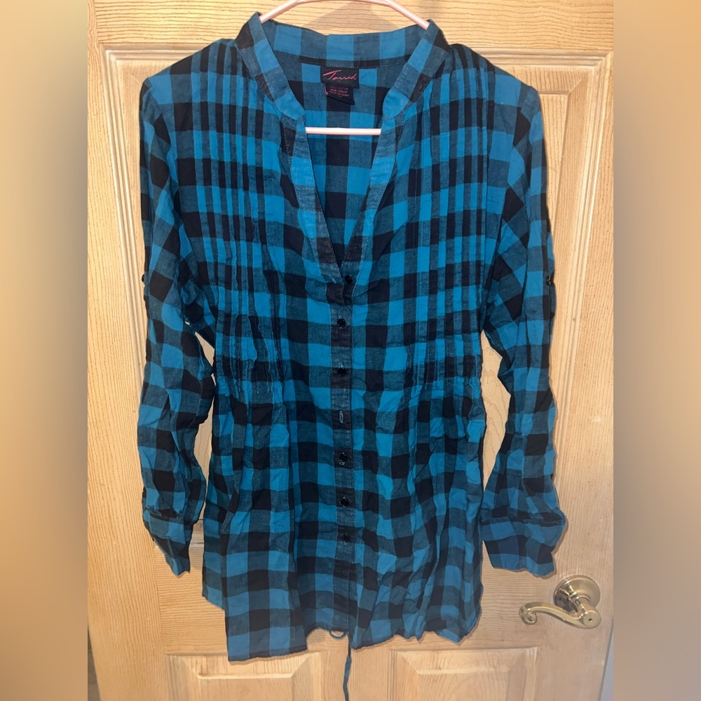 Torrid Teal and Black Checkered Shirt
